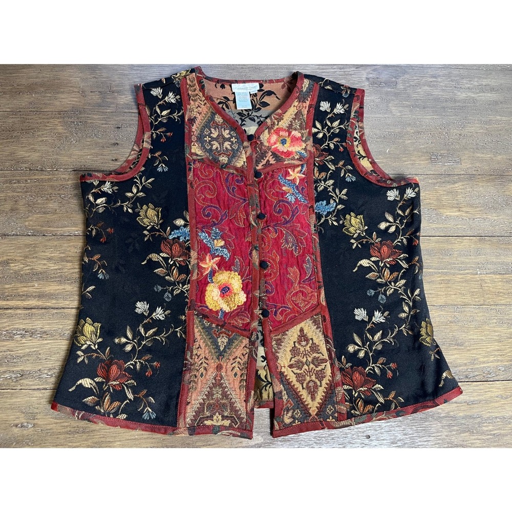 Coldwater Creek Tapestry Patchwork Vest XL Floral Black Red Jacquard Cottagecore